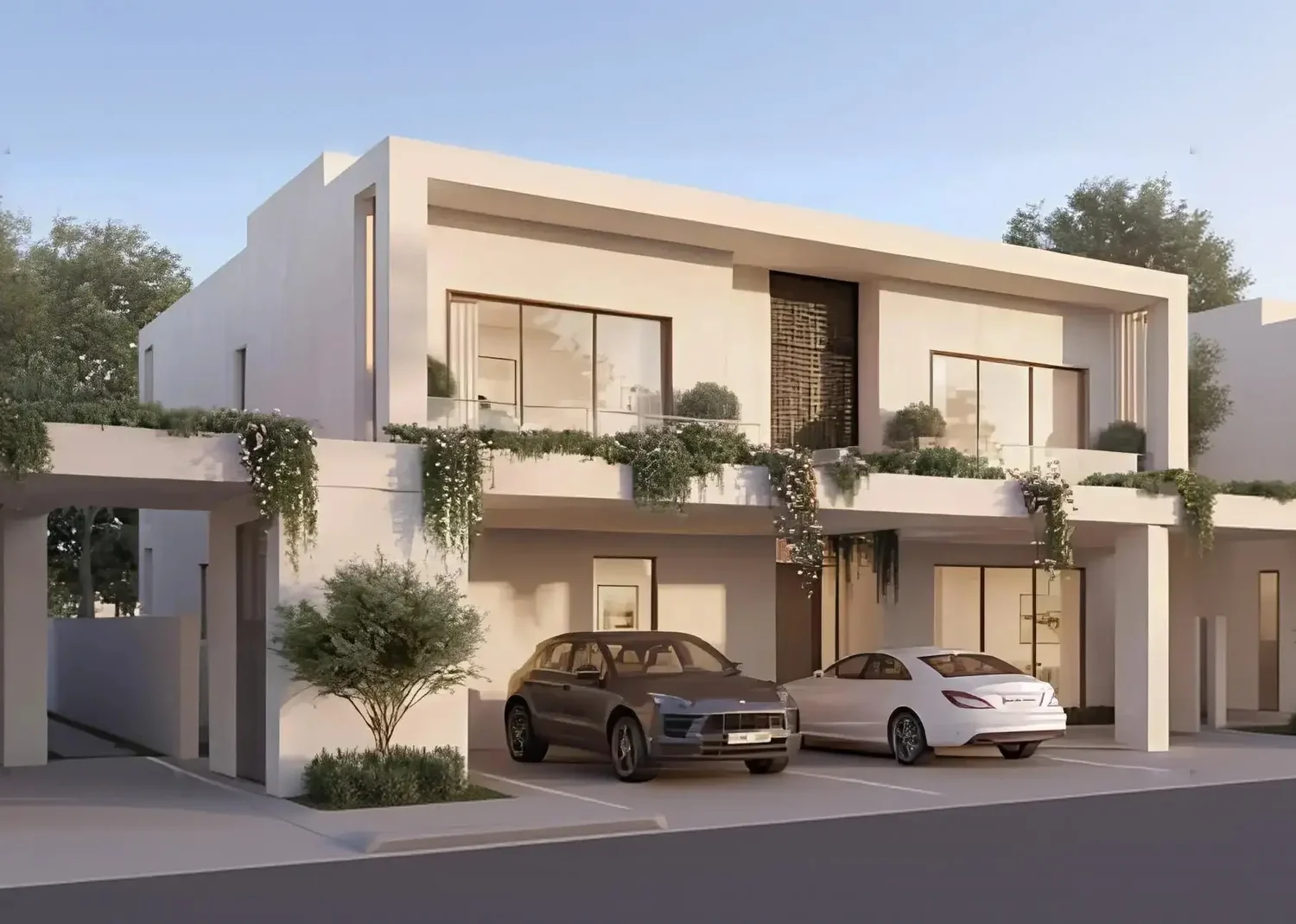 Four-bedroom villa at Wadeem Gardens, Contemporary Arabic façade with covered parking